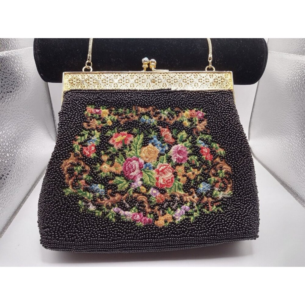 Vtg Early 1900's Style FLORAL Petit Point Needlepoint Embroidered Beaded Purse